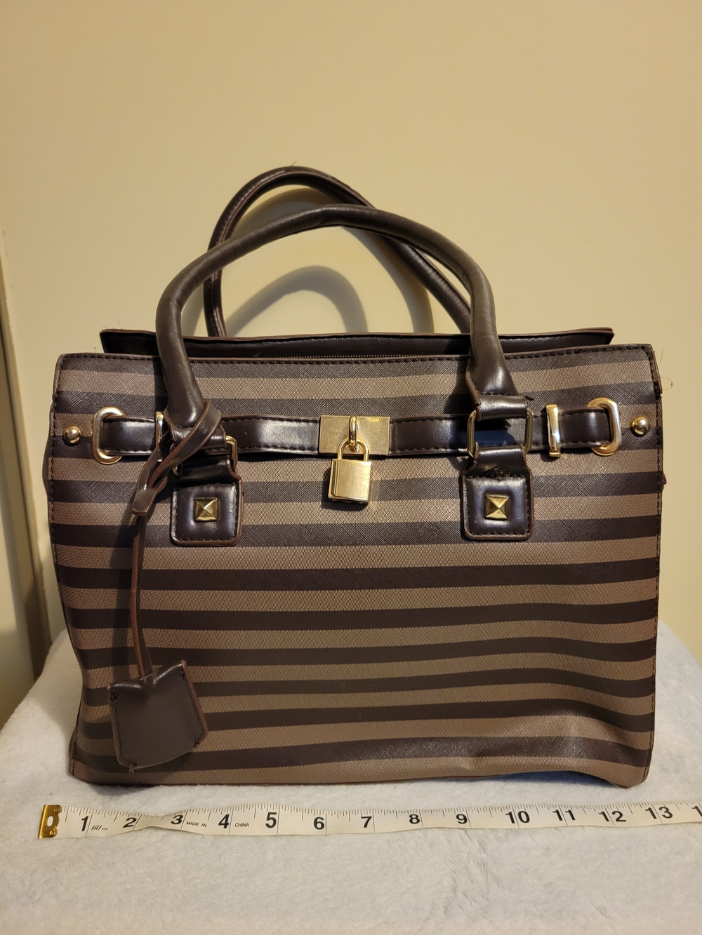 Adrienne Vittadini Striped Brown Leather-Trim Satchel Bag